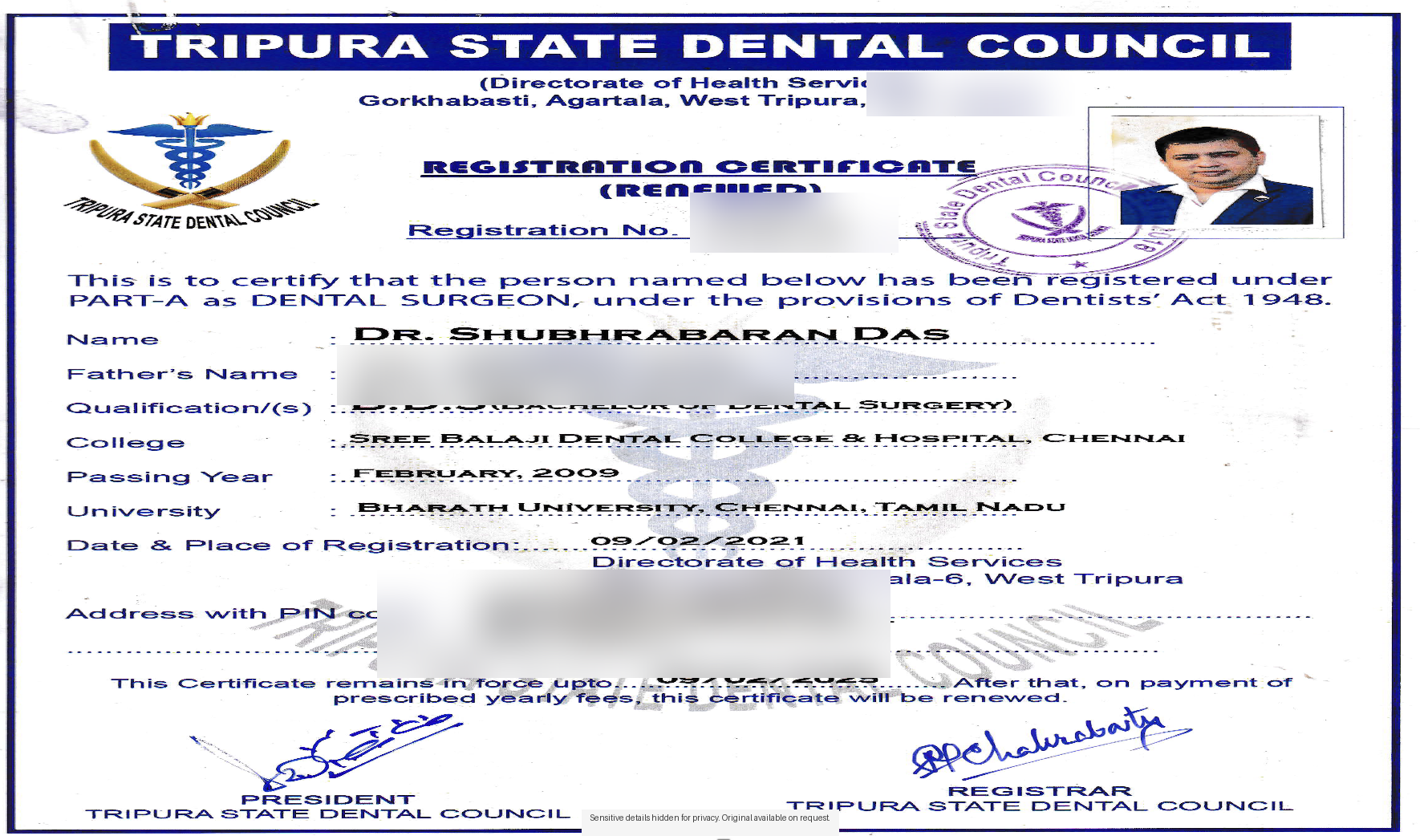 Tripura State Dental Council registration certificate (redacted)