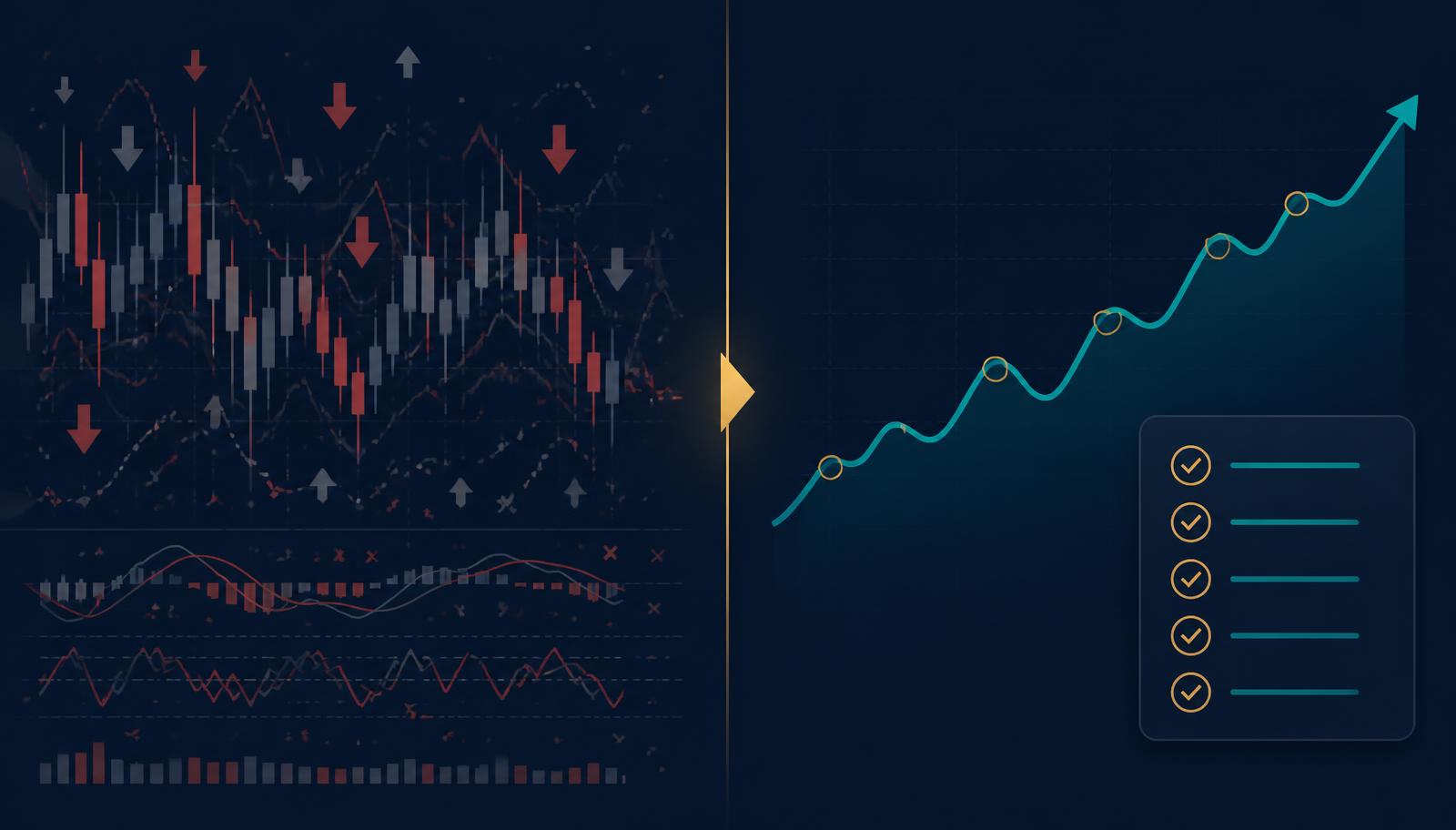 Noisy contradictory indicators on the left resolving into one clear process on the right